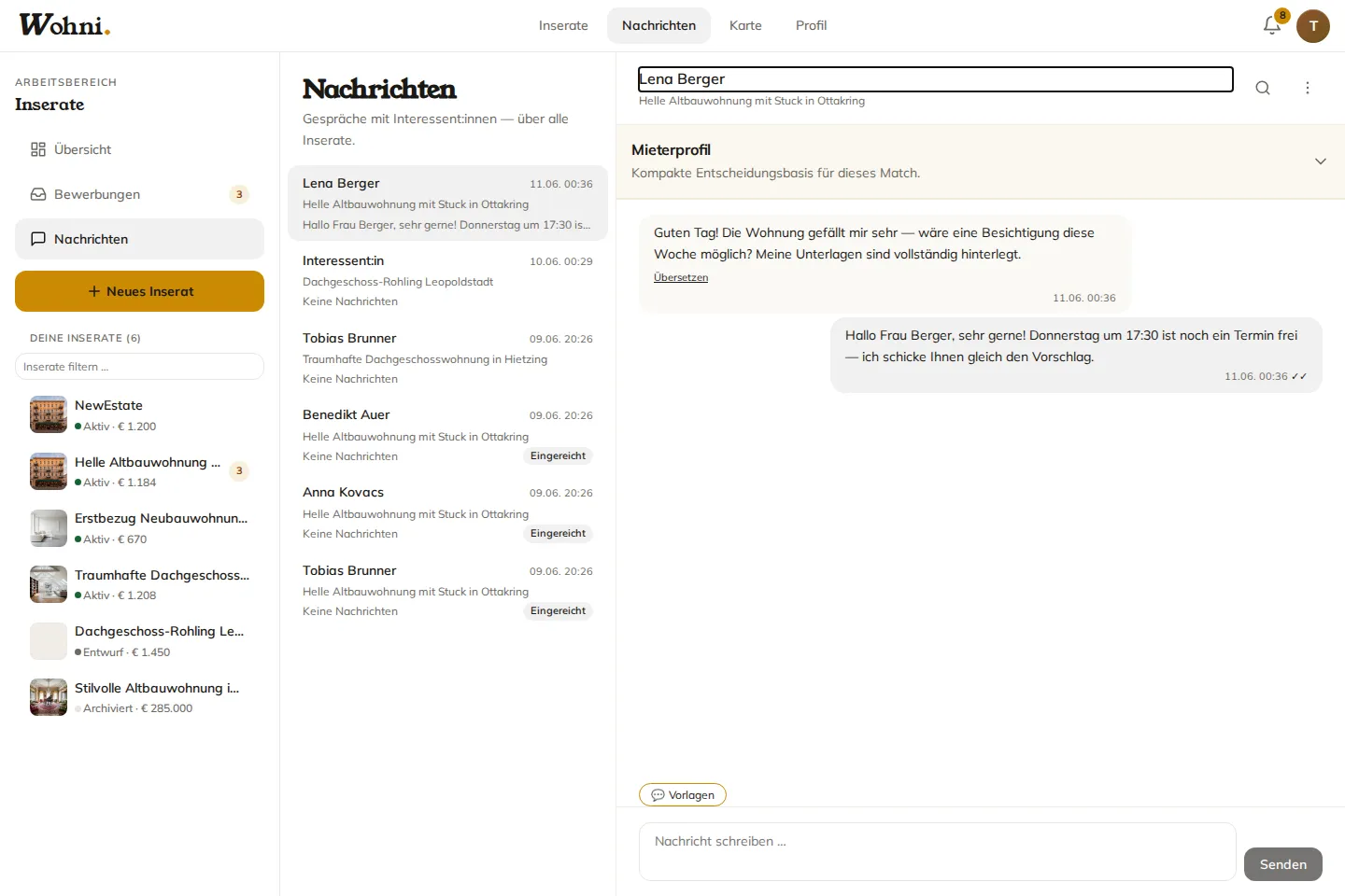 Wohni-Anbieteransicht: eine Anfrage, einsortiert beim Inserat mit Mieterprofil.
