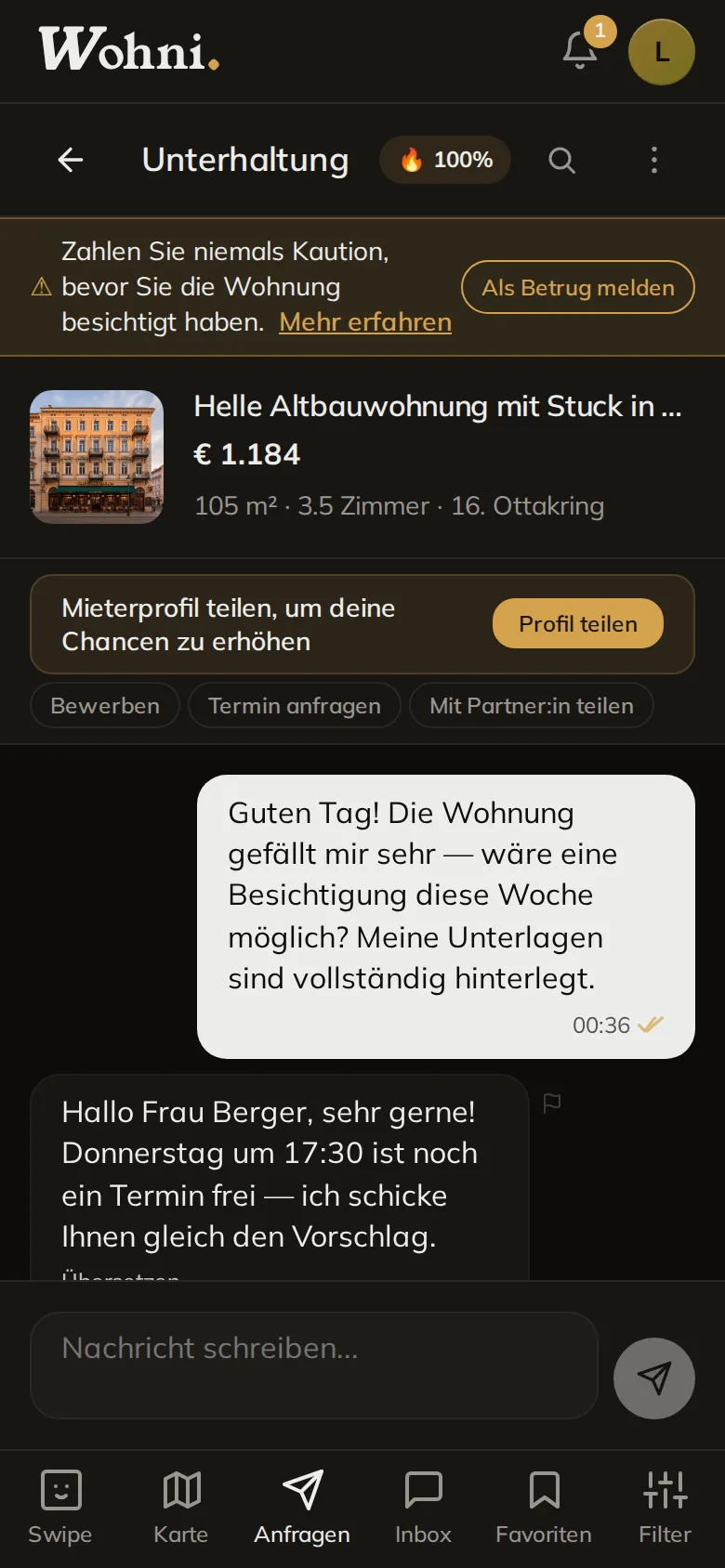 Wohni-App: vorbereitete Anfrage-Nachricht an einen Anbieter.