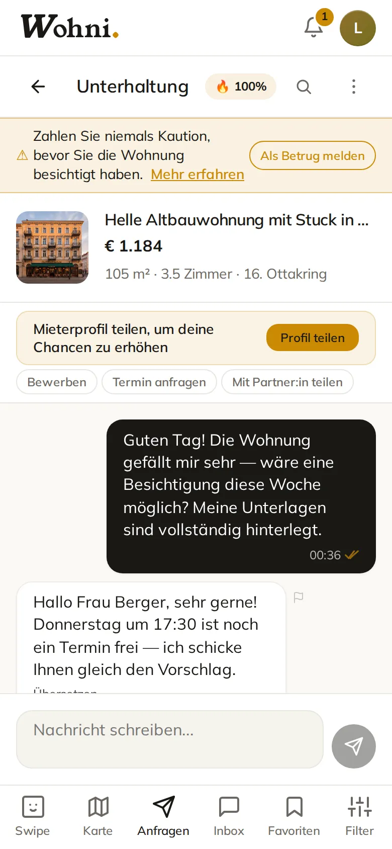 Wohni-App: vorbereitete Anfrage-Nachricht an einen Anbieter.