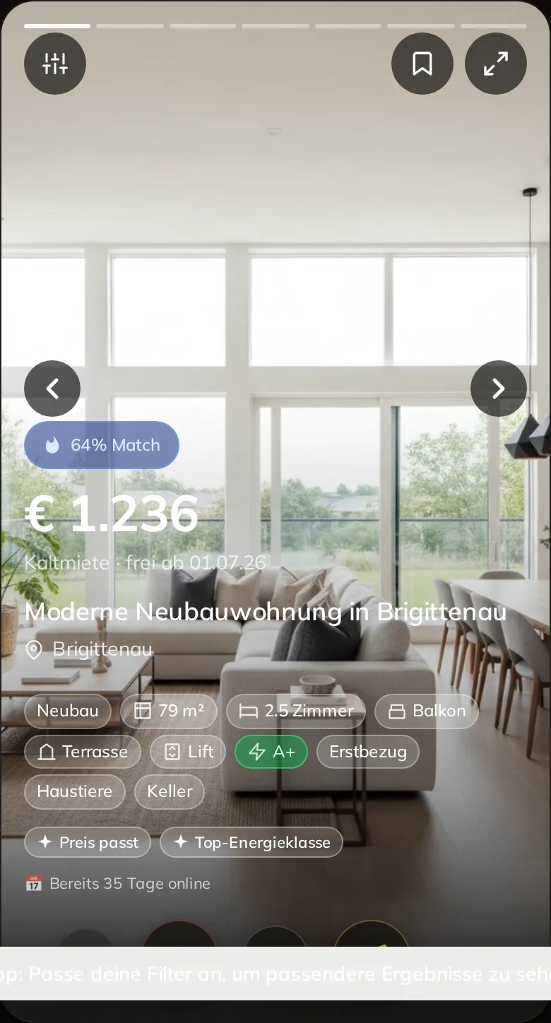 Echte Wohni-Karte: helle Neubauwohnung in Brigittenau mit Preis, Match-Wert und Ausstattungs-Chips.