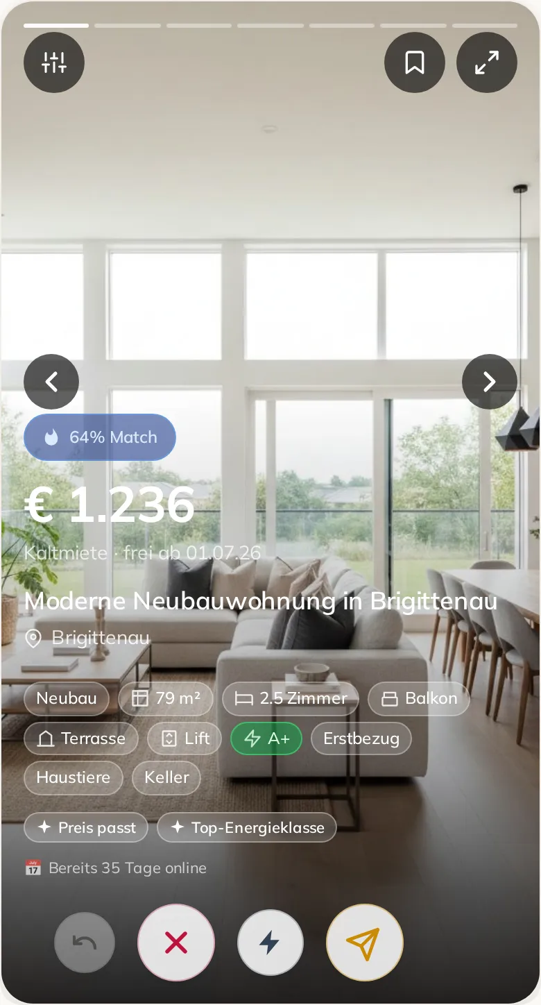 Echte Wohni-Karte: helle Neubauwohnung in Brigittenau mit Preis, Match-Wert und Ausstattungs-Chips.