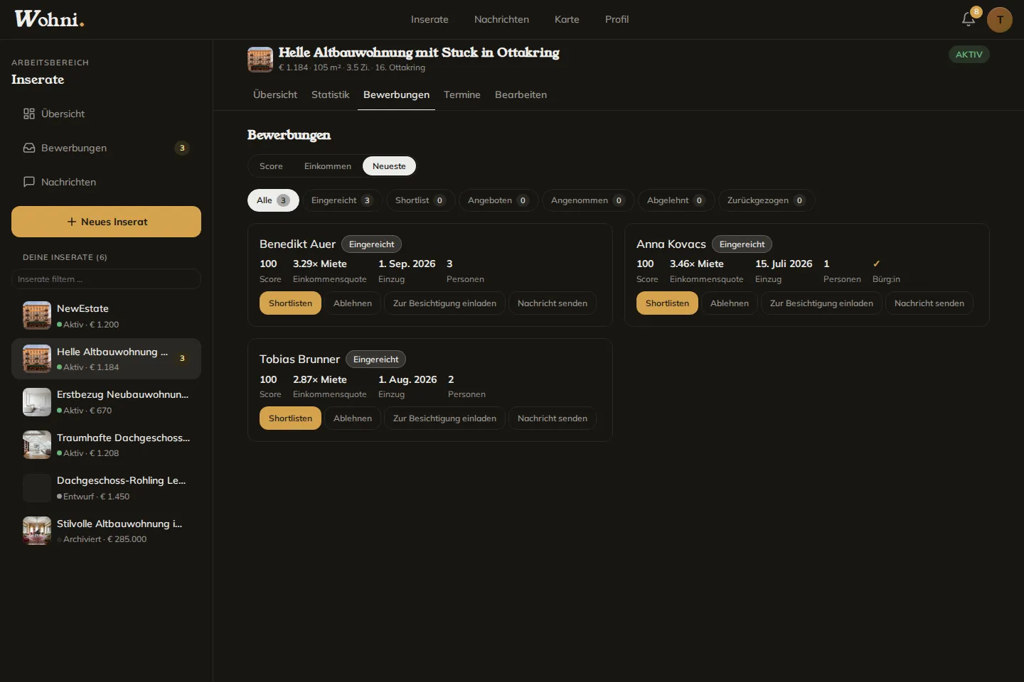 Wohni-Bewerbungsliste: drei vollständige Bewerbungen mit Score, Einkommensquote und Einzugsdatum.
