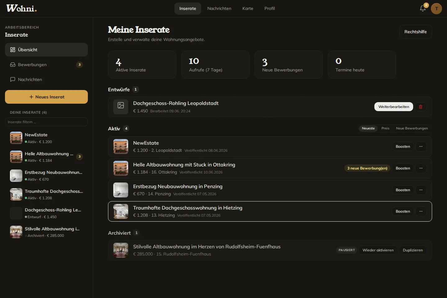 Wohni-Workspace: Inserate mit Status, Kennzahlen und neuen Bewerbungen in der Seitenleiste.