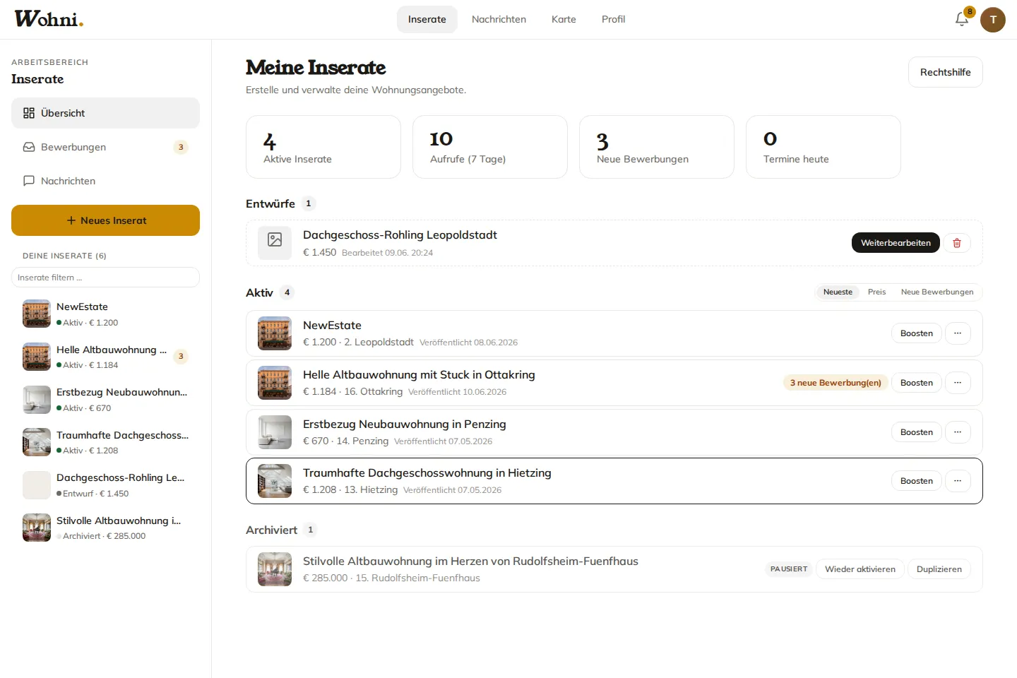 Wohni-Workspace: Inserate mit Status, Kennzahlen und neuen Bewerbungen in der Seitenleiste.