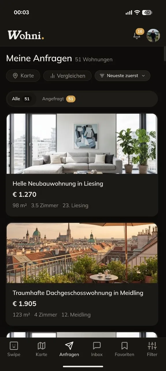 Wohni-App: Liste deiner Anfragen mit Vergleichen-Tab.
