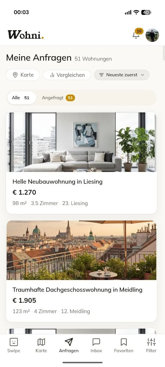Wohni-App: Liste deiner Anfragen mit Vergleichen-Tab.
