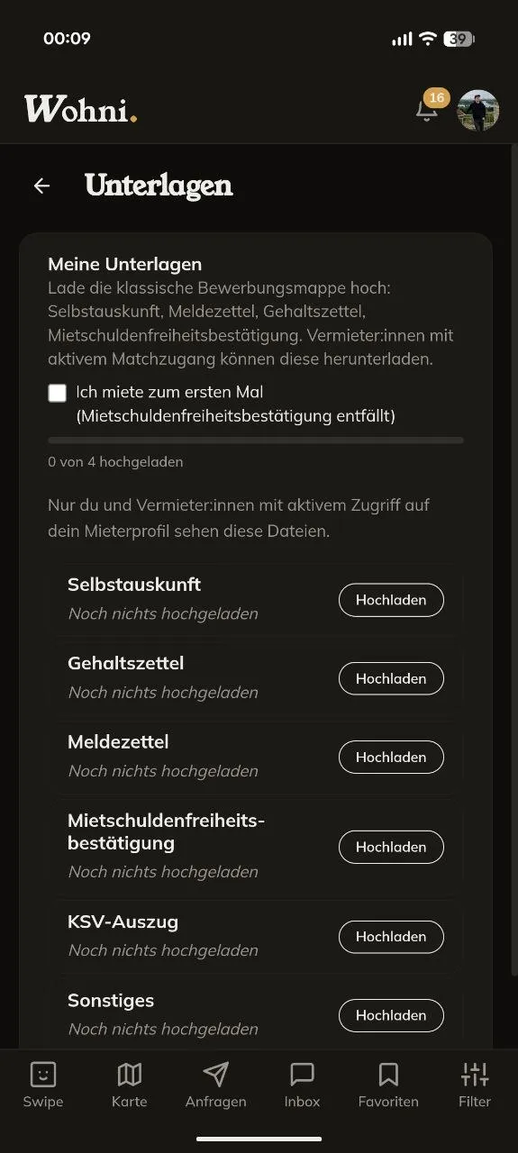 Wohni-App: Unterlagen-Checkliste – Selbstauskunft, Gehaltszettel, KSV-Auszug.