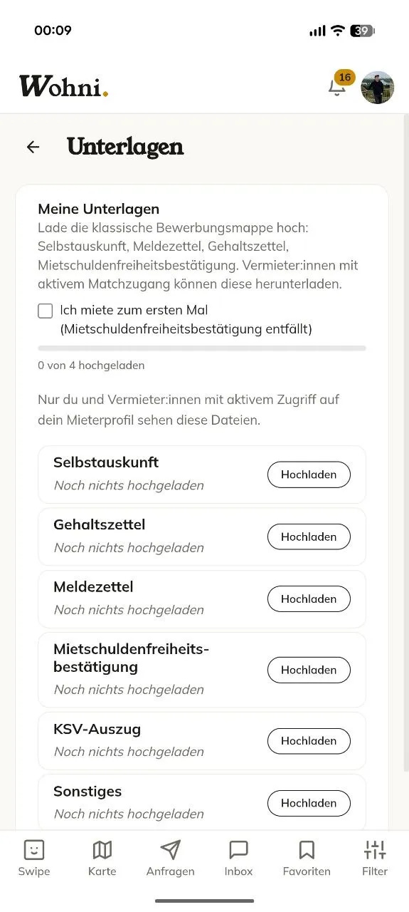 Wohni-App: Unterlagen-Checkliste – Selbstauskunft, Gehaltszettel, KSV-Auszug.